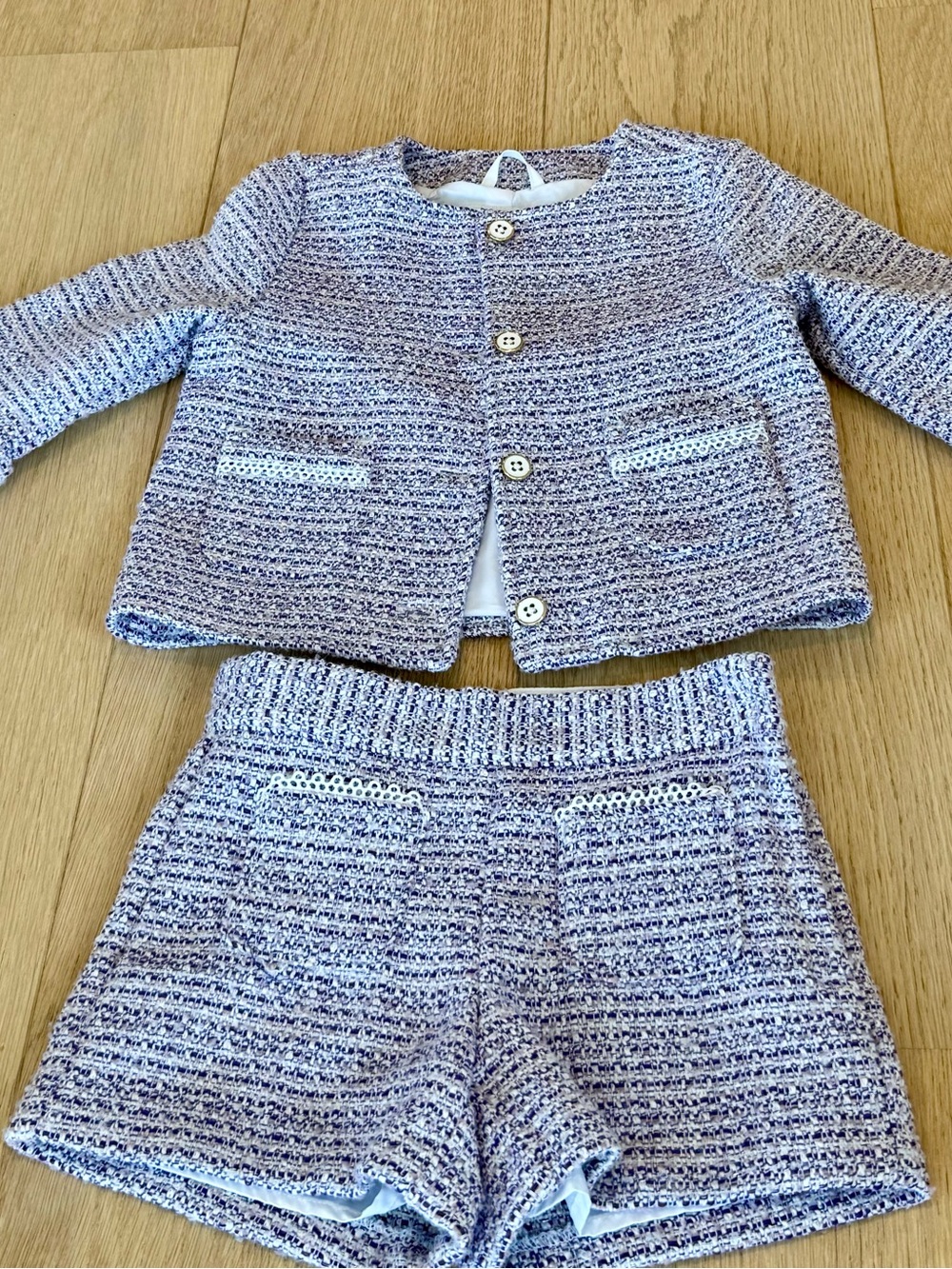 Jamie and Jack Tweed Two-Piece Knit Jacket & Shorts Set in Lavender/White